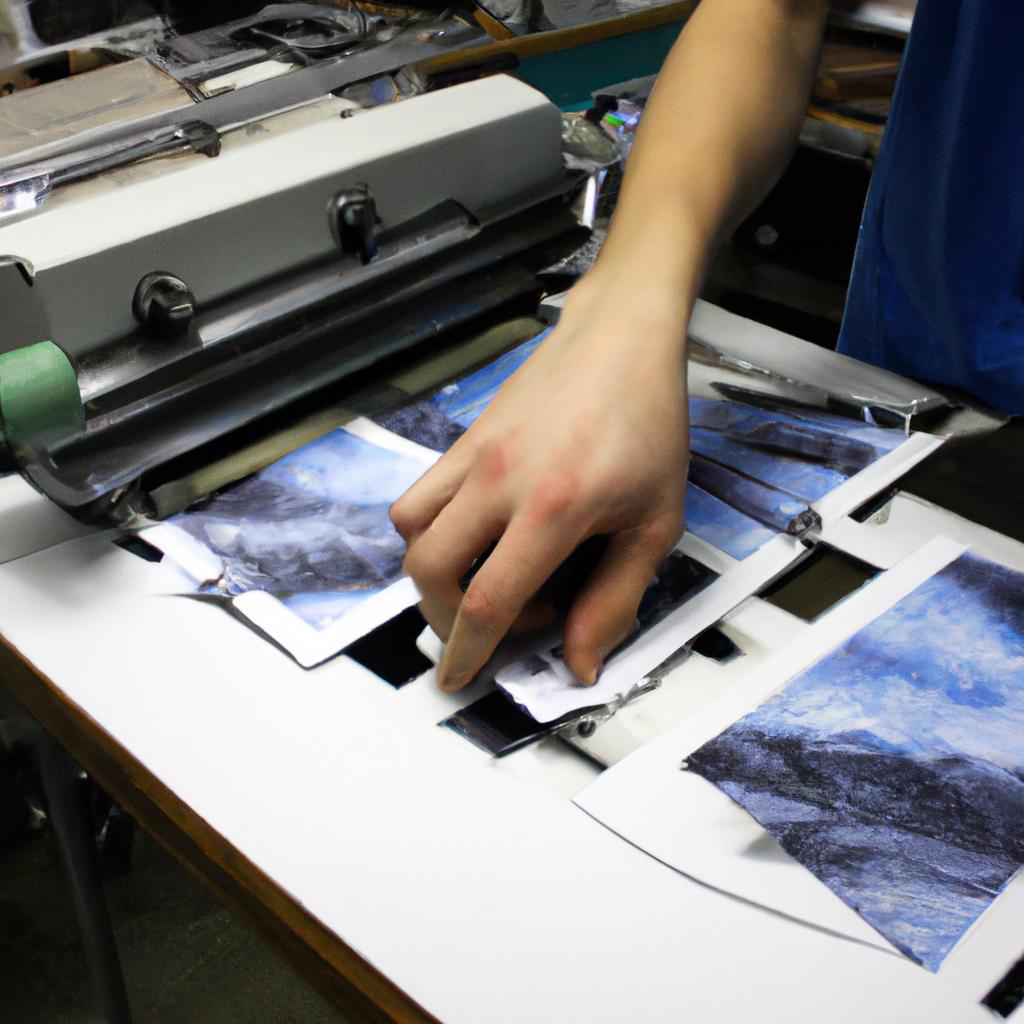 Person using printing equipment, textiles